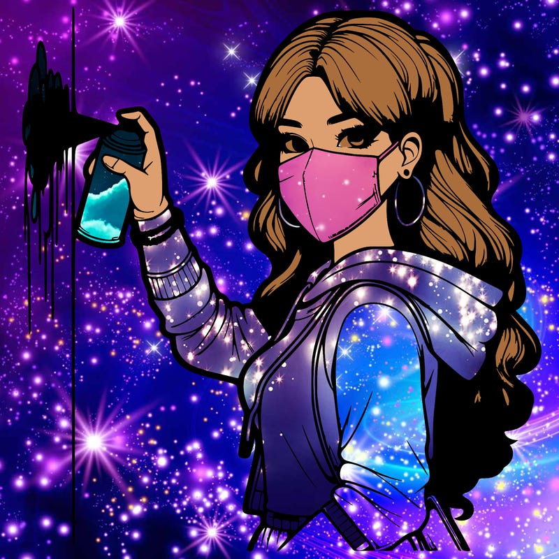 realistic girl with mask spray painting a wall