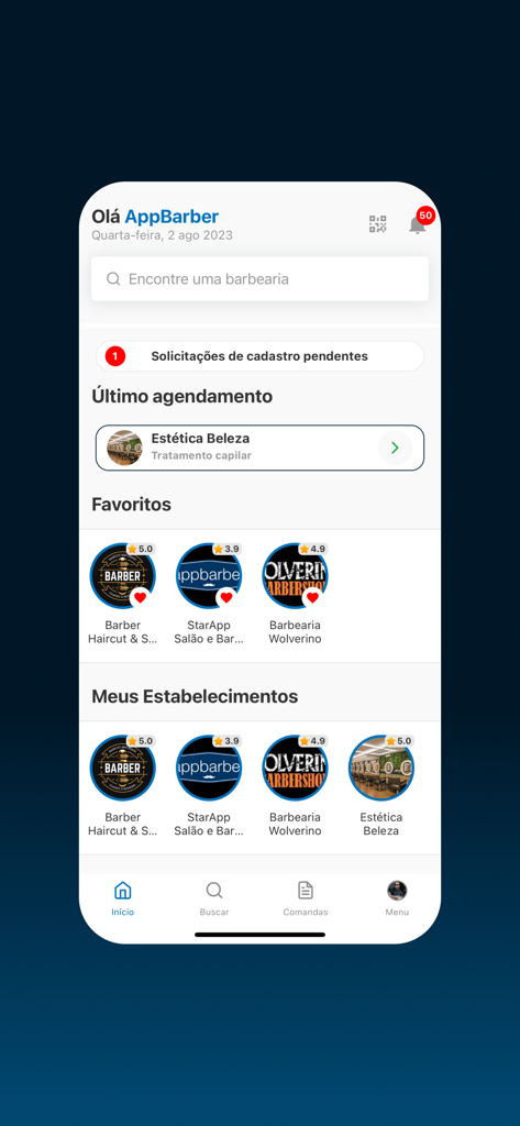 AppBarber client app home screen displaying favorite barbershops and recent appointments