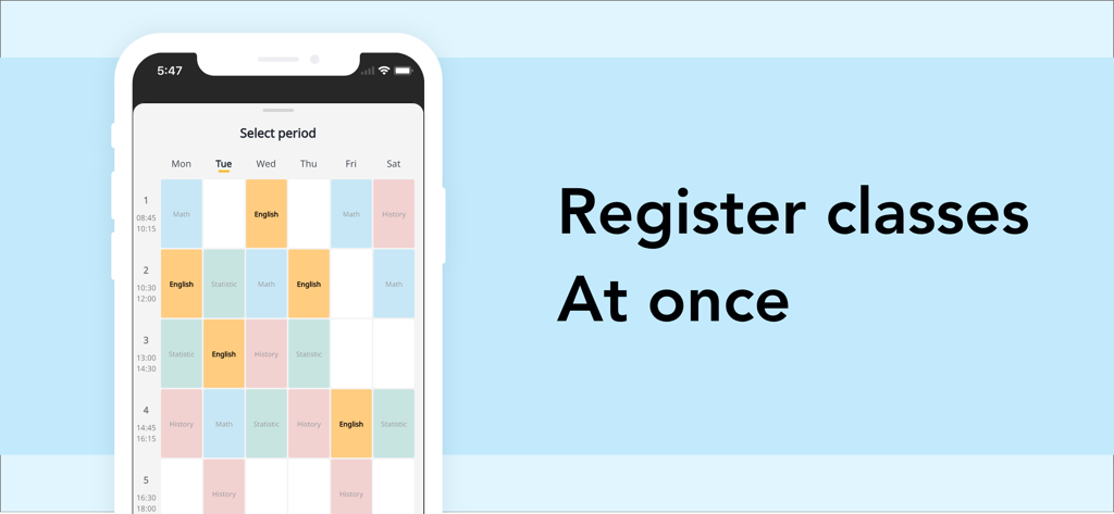 Simple Timetable・Simple & Cool - La interfaz de la aplicación Horario Simple que muestra la función para registrar múltiples clases a la vez.