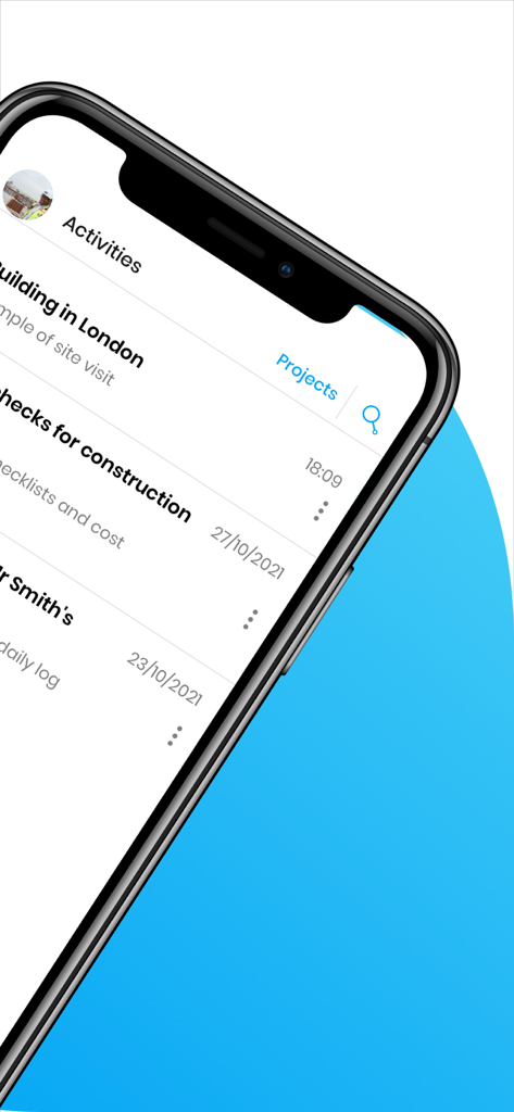 Mela Works Mobile App Benutzeroberfläche zeigt eine Liste von Bauprojekten und Baustellenaktivitäten