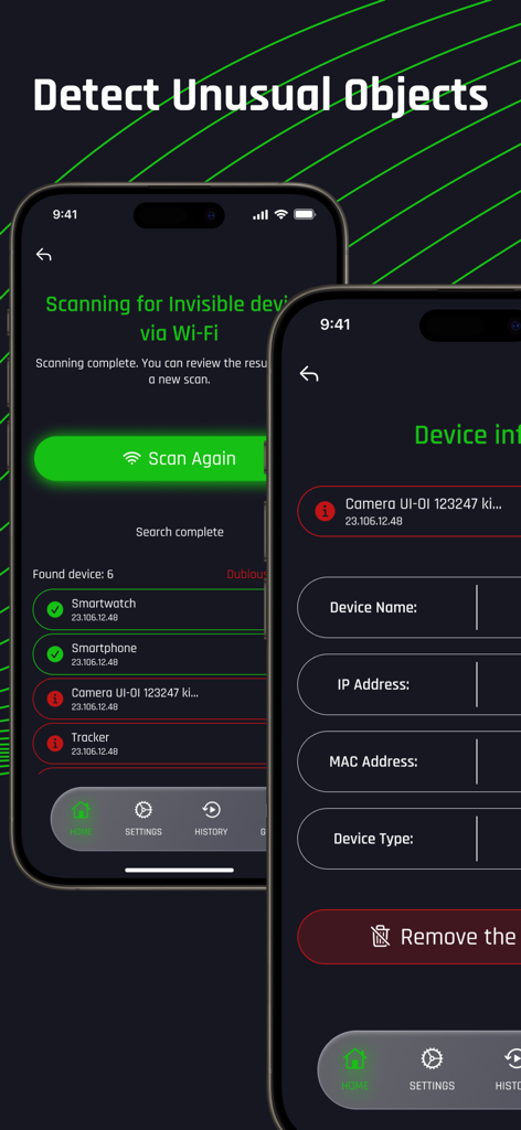 Spy Camera Detector : GR8 - Interfaz de Spy Camera Detector GR8 que muestra una lista de dispositivos WiFi detectados, incluyendo cámaras y rastreadores con información técnica del dispositivo