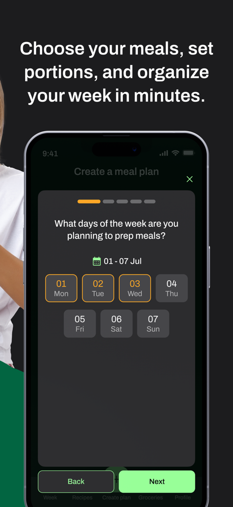 Preppd – Meal Prep & Planner - Interface do aplicativo Preppd para escolher os dias de preparação de refeições da semana