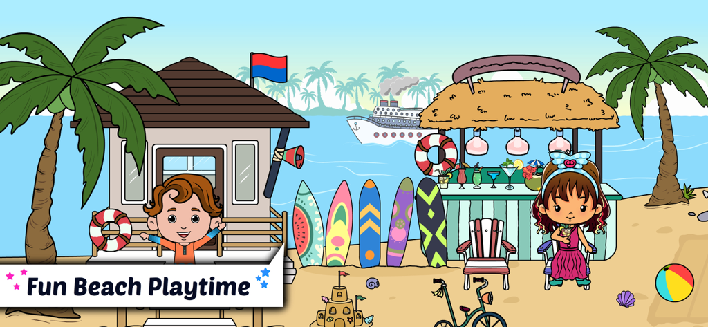 Tizi Home Design My Hotel City - Cartoon-Strandszene mit Charakteren, Surfbrettern und einer Saftbar in Tizi Hotel