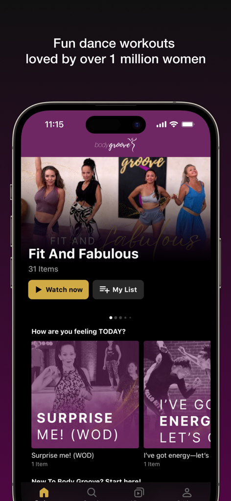 Body Groove - Body Groove app home screen showing dance fitness videos for women
