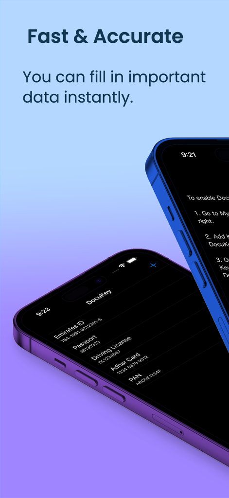 Paste : Copy keyboard - Two iPhones showing the DocuKey app interface with a list of saved identity documents like passport and driving license for quick data entry.