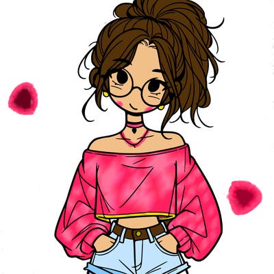girl with a messy ponytail glasses a baggy crop top and jean shorts