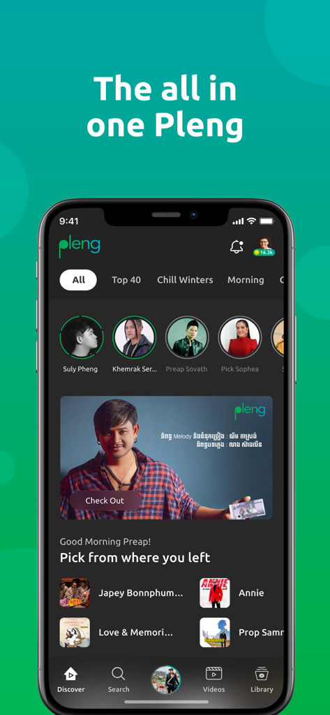 Pleng mobile app home screen showing Khmer artists and music recommendations