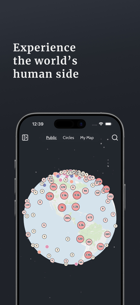 AMOU: A Map Of Us - The AMOU app interface showing a world globe with multiple circular clusters representing public memories pinned by users.