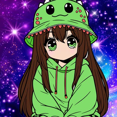 girl with anime shaped eyes with a dinosaur bucket hat oversized sweatshirt long straight hair