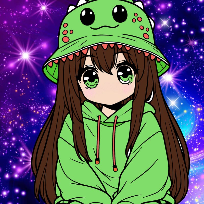 girl with anime shaped eyes with a dinosaur bucket hat oversized sweatshirt long straight hair