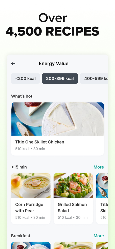 ‎Calorie Counter: Food Tracker - Interface do aplicativo Contador de Calorias mostrando um catálogo de mais de 4.500 receitas saudáveis, classificadas por faixa de calorias e tempo de cozimento.