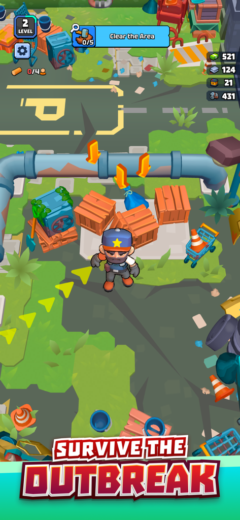 A guard character navigates a post-apocalyptic wasteland with debris and objectives in the Lost Prison Shelter Survival game.