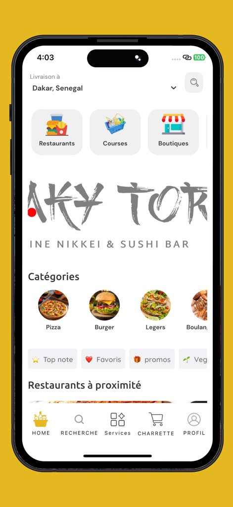 Home screen of the Adelo User app displaying food categories like pizza and burgers with local restaurant options