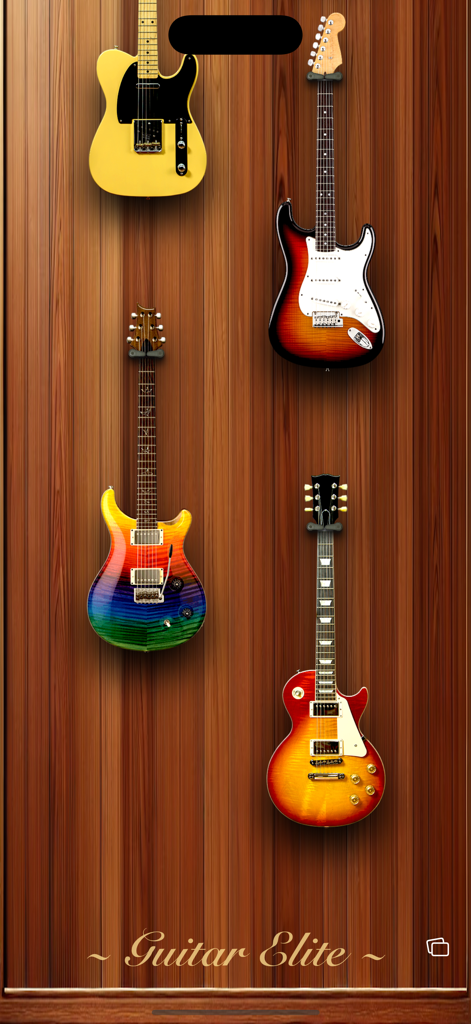 Guitar Elite-Chord Play Center - Cuatro guitarras eléctricas realistas colgadas en un fondo de pared de madera en la pantalla de selección de la aplicación Guitar Elite