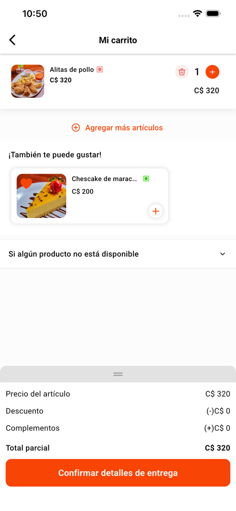 Pide Fácil - Shopping cart screen in the Pide Fácil app showing a food order for chicken wings and the total price