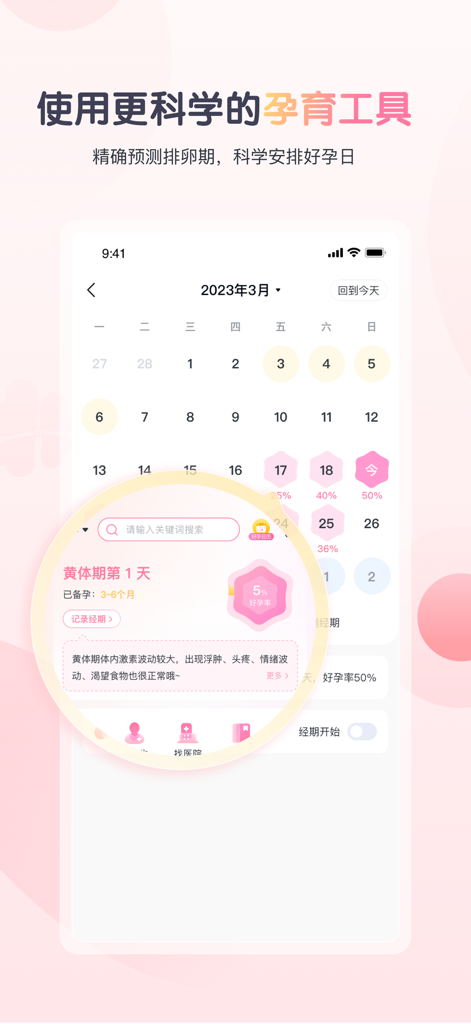 A mobile app screen featuring an ovulation tracking calendar with pregnancy probability percentages