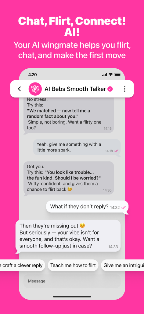 Bebs: Social Discovery & Chat - Bebs app screenshot showing AI chat assistant providing flirty icebreakers and conversation suggestions.