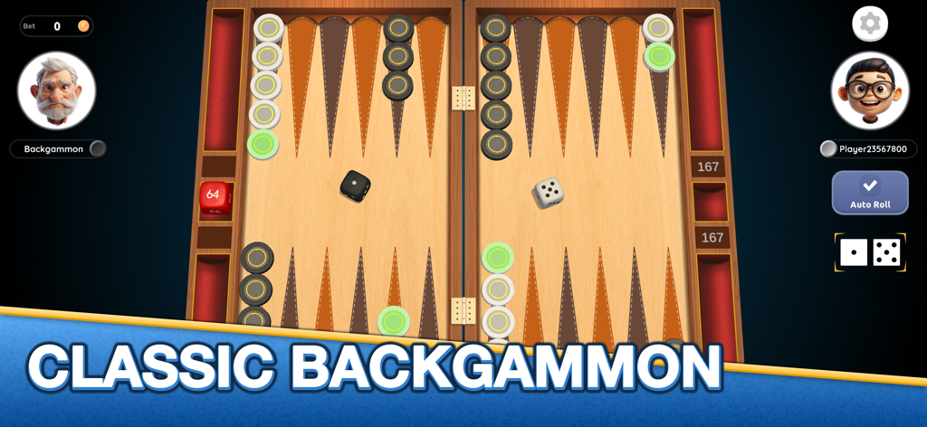 Ein klassisches Backgammon-Spiel auf einem Holzbrett mit schwarzen und weißen Steinen und Würfeln