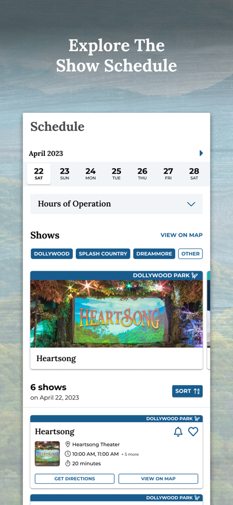 Dollywood app show schedule interface showing theater performance times