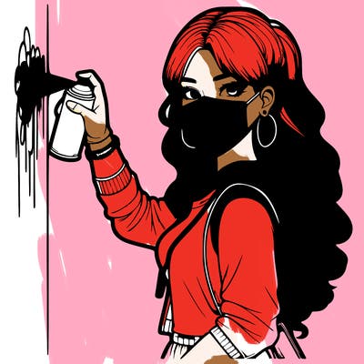 realistic girl with mask spray painting a wall