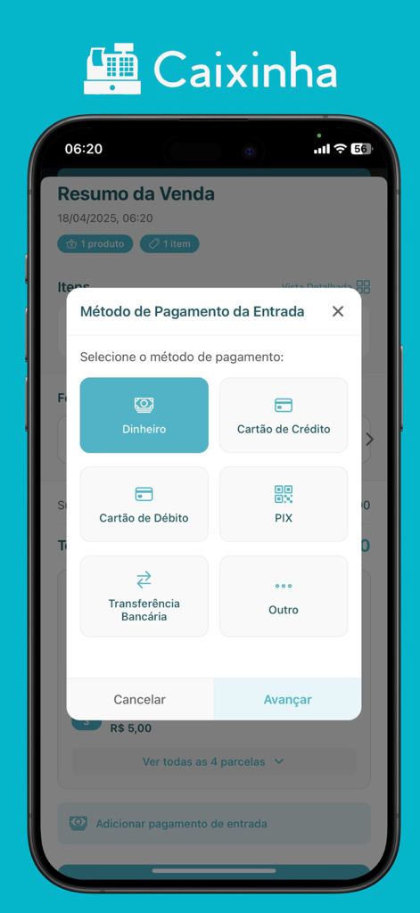 A interface do aplicativo Caixinha exibindo um modal para selecionar métodos de pagamento, incluindo dinheiro, cartão de crédito, cartão de débito e PIX, para um resumo de venda.