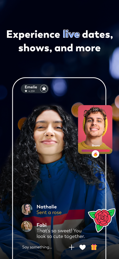 LOVOO App-Bildschirm zeigt ein Live-Video-Date mit Echtzeit-Chat und virtuellen Geschenken
