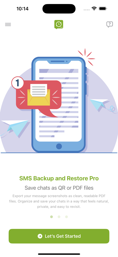 SMS Backup and Restore Pro welcome screen with features to save chats as PDF and QR files