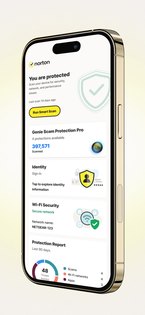 Norton 360 App-Dashboard auf einem iPhone, das Sicherheitsstatus, Betrugsschutz und Identitätsüberwachungsfunktionen anzeigt.