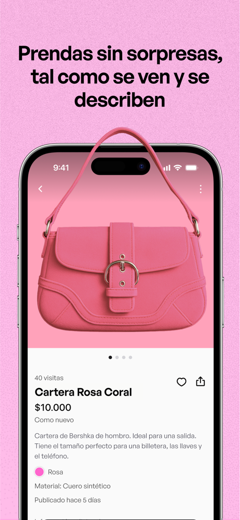 A smartphone showing a pink handbag listing on the EXTRA resale marketplace app with descriptive text in Spanish