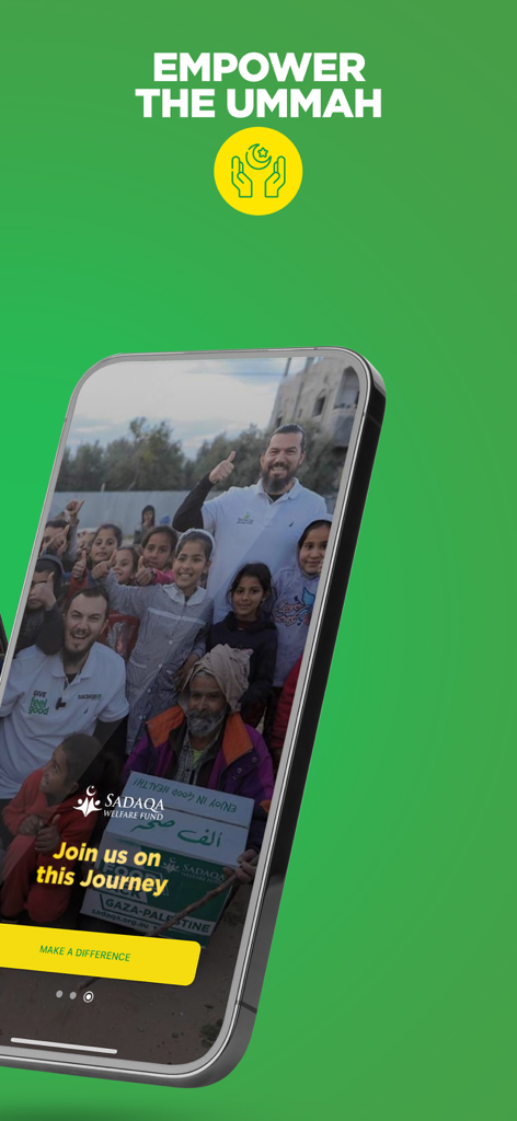 Sadaqa - Interfaz de la aplicación Sadaqa que muestra el lema Empodera a la Ummah y un botón de llamada a la acción
