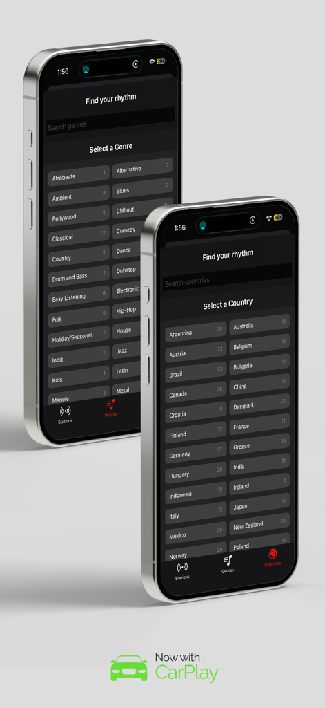 Radio Mania (Sound Hub) - Capturas de pantalla de la aplicación Radio Mania que muestran la selección de géneros musicales y países con soporte para CarPlay.