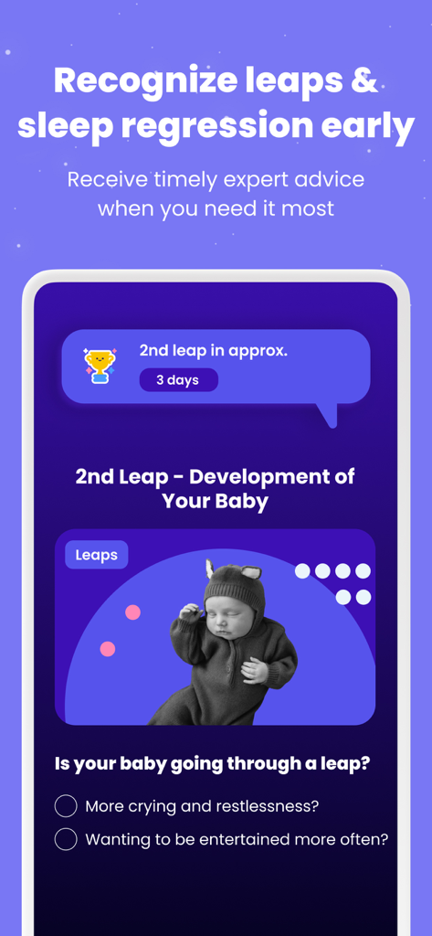 Happy Baby - Sleep & Tracker - Happy Baby app screen showing developmental leap notification and sleep regression tracking info