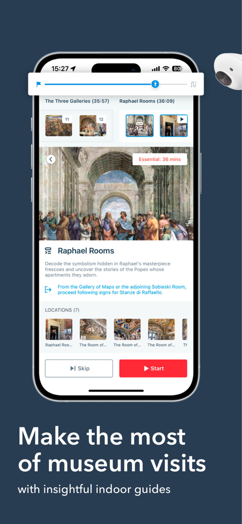 VoiceMap: Audio Tours & Guides - Interface de l'application VoiceMap pour une visite audio intérieure de l'exposition des Chambres de Raphaël