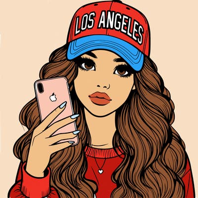 realistic beautiful girl wearing los ángeles cap holding an iphone
