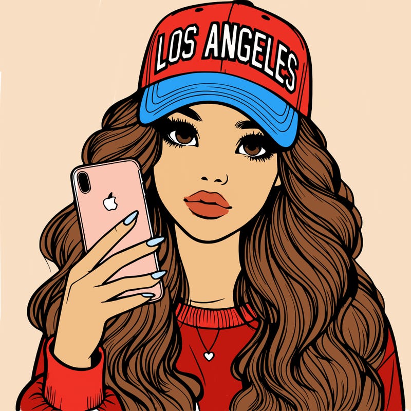 realistic beautiful girl wearing los ángeles cap holding an iphone