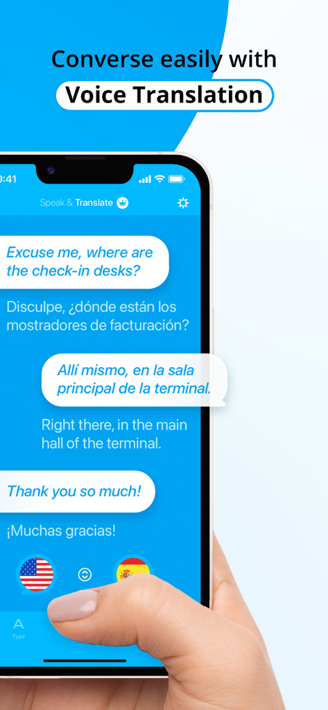 Pantalla de iPhone que muestra una conversación de traducción de voz en tiempo real entre inglés y español