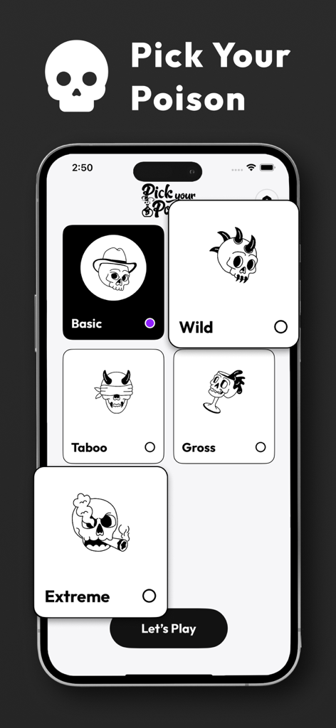 Pick Your Poison - Party Game - A category selection screen in the Pick Your Poison app showing different game modes like Basic Wild Taboo and Gross with skull icons