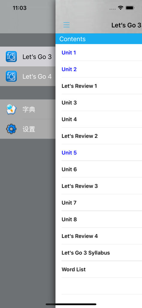 Table of contents menu for Lets Go 3 English curriculum showing units and syllabus