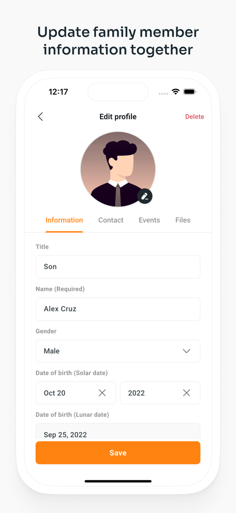 Interfaz de la aplicación MyFamilyTree que muestra la pantalla de edición de perfil de un miembro de la familia con campos de detalles personales