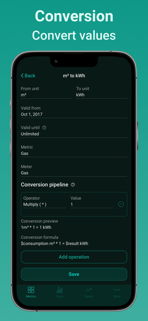 Energy Tracker Stromverbrauch - Meterable App-Bildschirm zur Umrechnung von Gaseinheiten von Kubikmetern in Kilowattstunden
