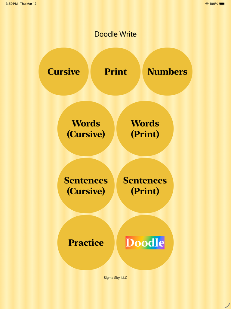 doodle write - Main menu screen of the Doodle Write iPad app showing handwriting and drawing options