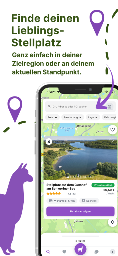 Alpaca Camping App - Alpaca Camping app interface showing a search map for campsites and a featured pitch listing by a lake