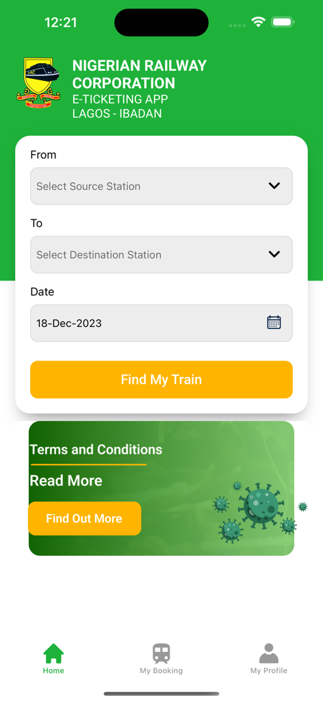 NRC LITS ticket Booking App - NRC LITS app search screen for train tickets in Nigeria