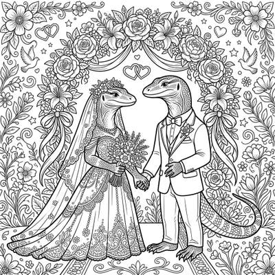 Dive into a wonderfully whimsical world with this monitor lizard wedding coloring page, perfect for those who love unique animals and romantic celebrations. This intricate design offers a delightful and unconventional coloring experience.