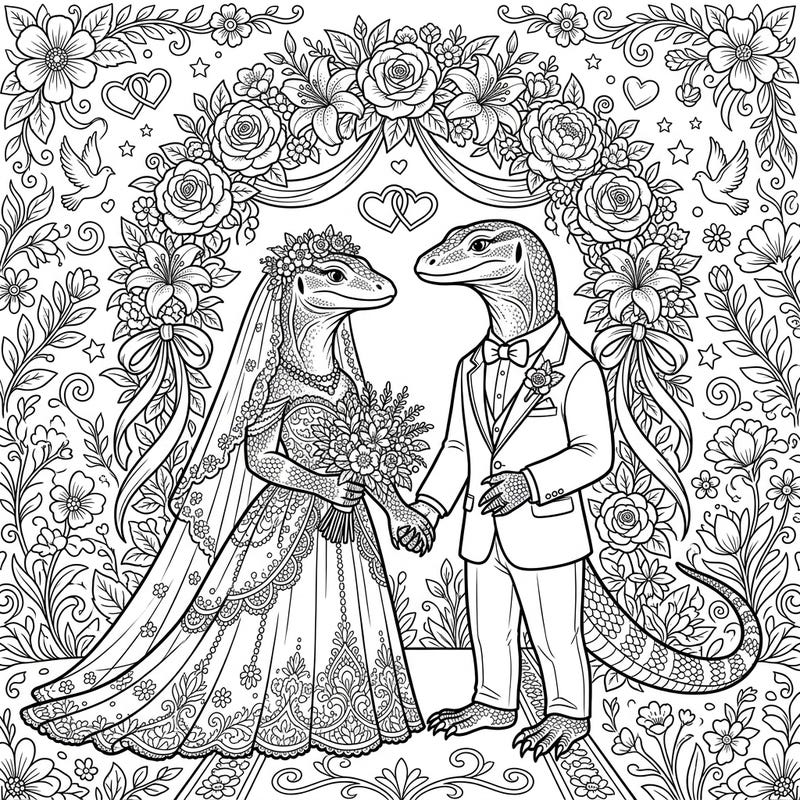 Dive into a wonderfully whimsical world with this monitor lizard wedding coloring page, perfect for those who love unique animals and romantic celebrations. This intricate design offers a delightful and unconventional coloring experience.