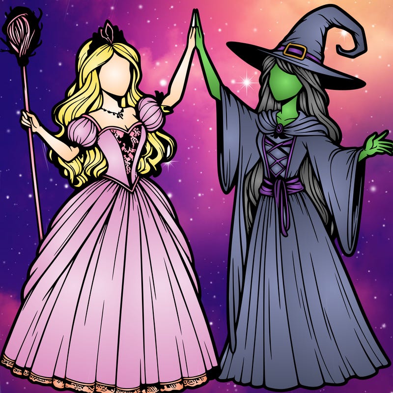 detailed realistic split of a princess and a witch
