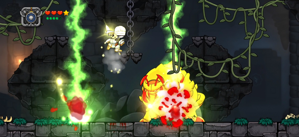 Magic Rampage - Un personaje saltando sobre un gran monstruo amarillo en un entorno de mazmorra oscura en Magic Rampage