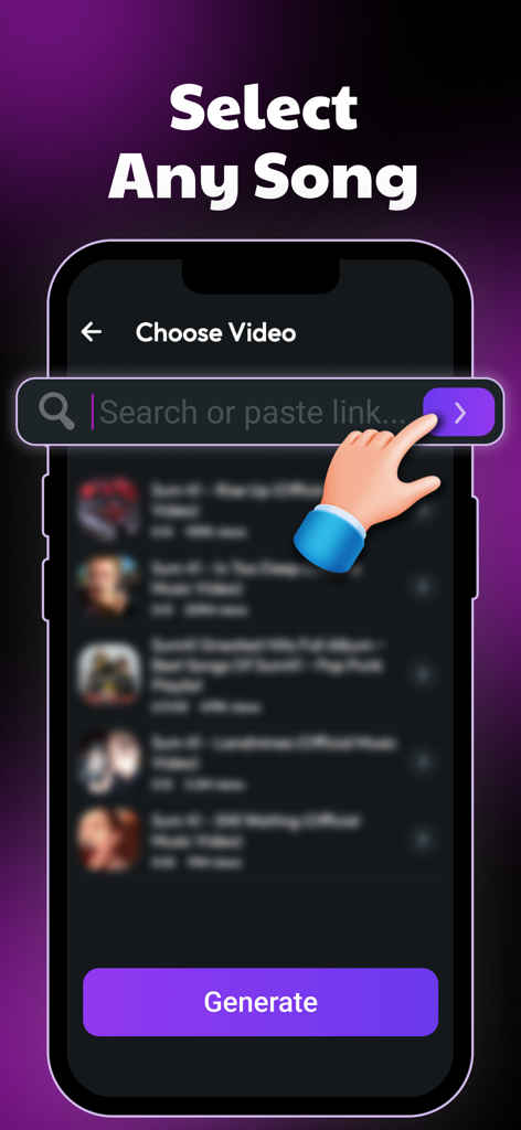 Interfaz de la aplicación Songy que muestra la pantalla de selección de cualquier canción con una barra de búsqueda y un botón de generar
