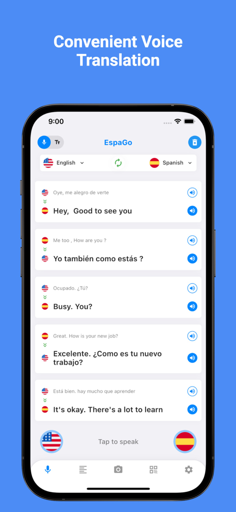 Spanish Translator Pro - 45+ - Interfaz de la aplicación EspaGo que muestra una conversación de traducción de voz entre inglés y español.