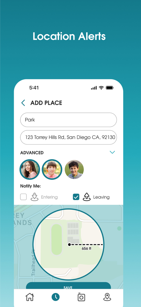 Pantalla de la aplicación OurPact que muestra la configuración de una alerta de ubicación geocercada para un parque